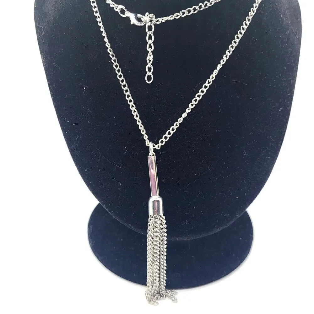Long Minimalist Mod Silver Tone Tassel Pendant Necklace 29in
